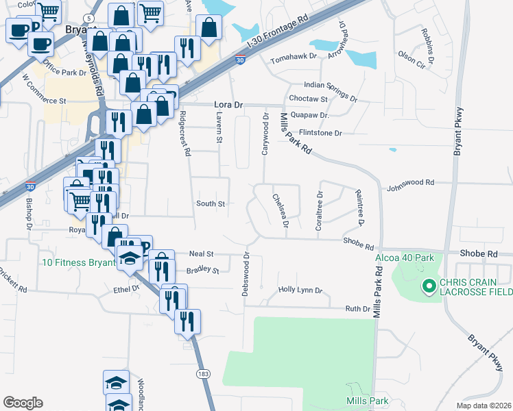 map of restaurants, bars, coffee shops, grocery stores, and more near 2305 Amber Cove in Bryant