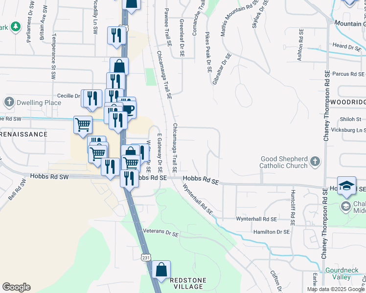 map of restaurants, bars, coffee shops, grocery stores, and more near 425 Stoney Branch Drive Southeast in Huntsville