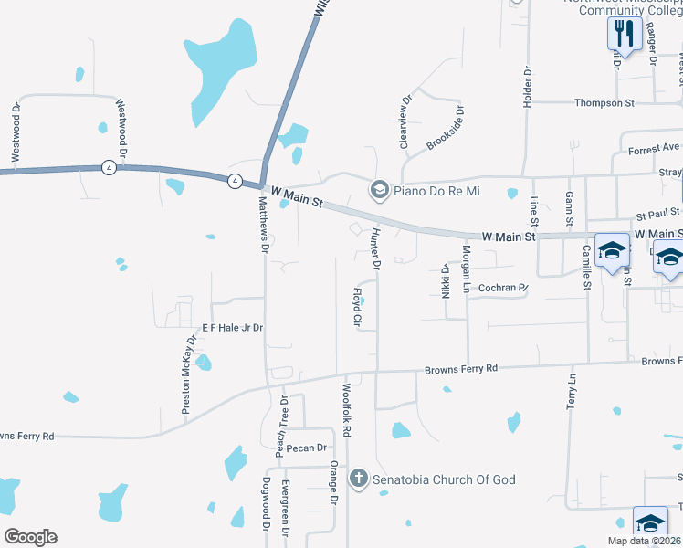 map of restaurants, bars, coffee shops, grocery stores, and more near 128 Gardenview Drive in Senatobia