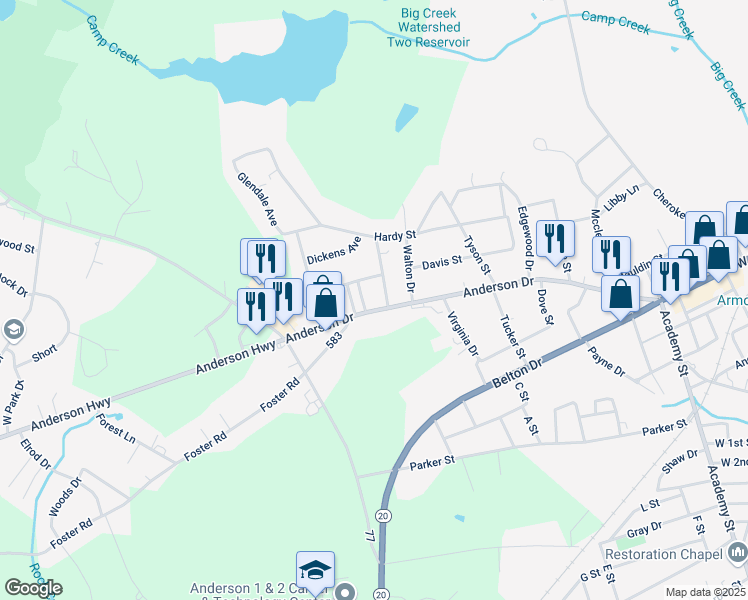 map of restaurants, bars, coffee shops, grocery stores, and more near 1300 Anderson Drive in Williamston
