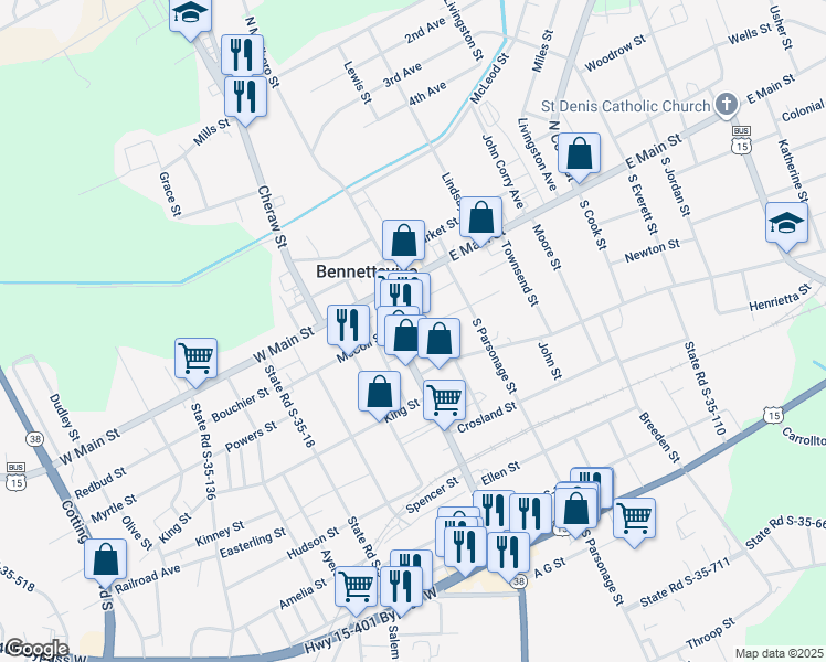 map of restaurants, bars, coffee shops, grocery stores, and more near 134 South Marlboro Street in Bennettsville