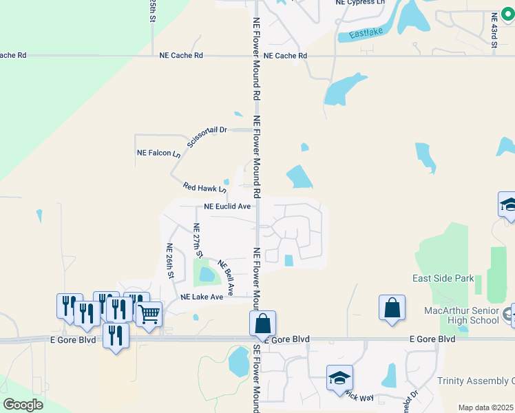 map of restaurants, bars, coffee shops, grocery stores, and more near 501 Northeast Flower Mound Road in Lawton