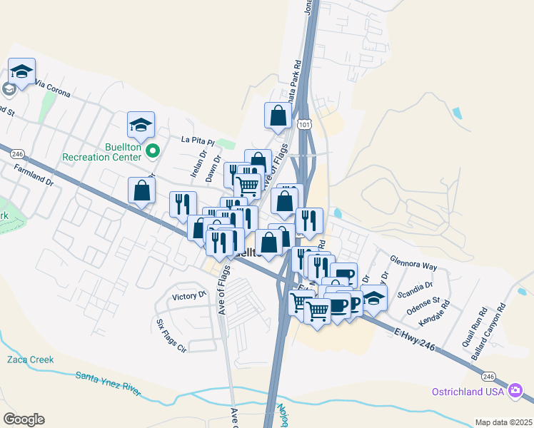 map of restaurants, bars, coffee shops, grocery stores, and more near 480 Avenue Of The Flags in Buellton