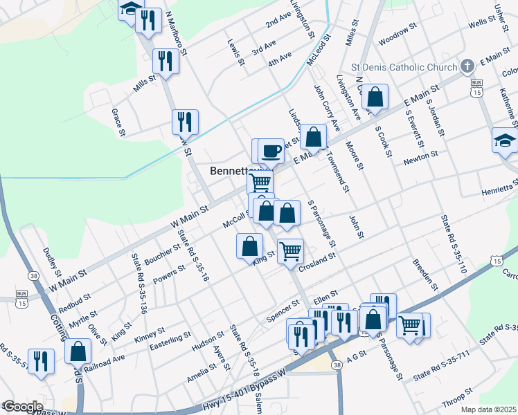 map of restaurants, bars, coffee shops, grocery stores, and more near 134 South Marlboro Street in Bennettsville