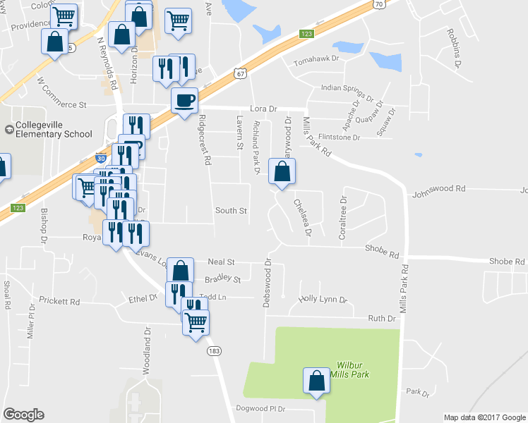 map of restaurants, bars, coffee shops, grocery stores, and more near 2305 Carywood Drive in Bryant