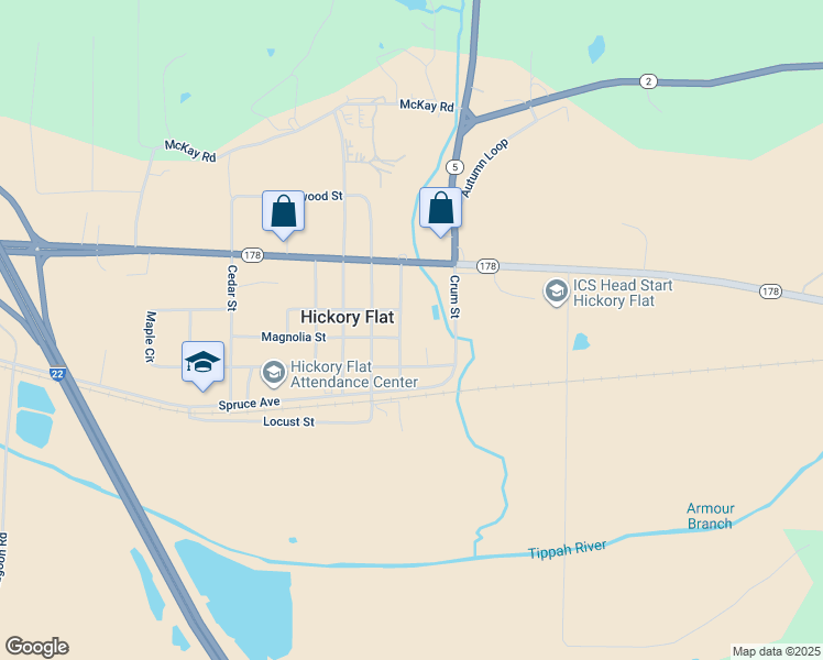 map of restaurants, bars, coffee shops, grocery stores, and more near Mulberry Street in Hickory Flat