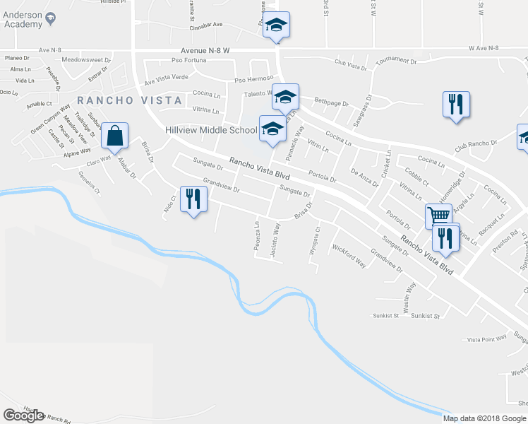 map of restaurants, bars, coffee shops, grocery stores, and more near 4527 Brisa Drive in Palmdale