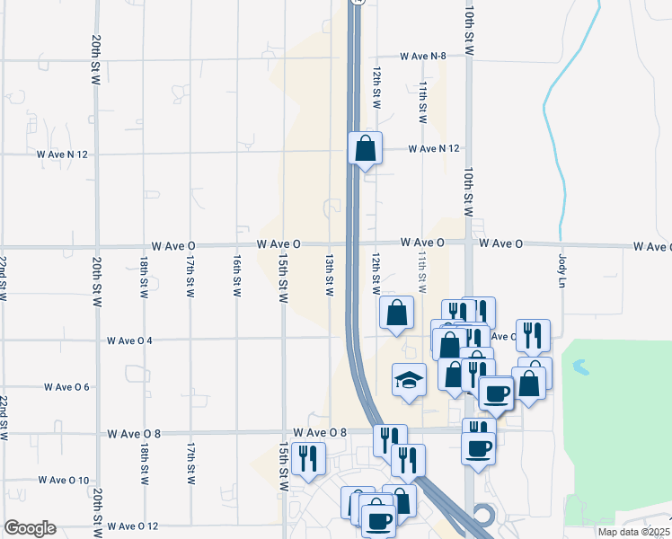 map of restaurants, bars, coffee shops, grocery stores, and more near 40328 13th Street West in Palmdale