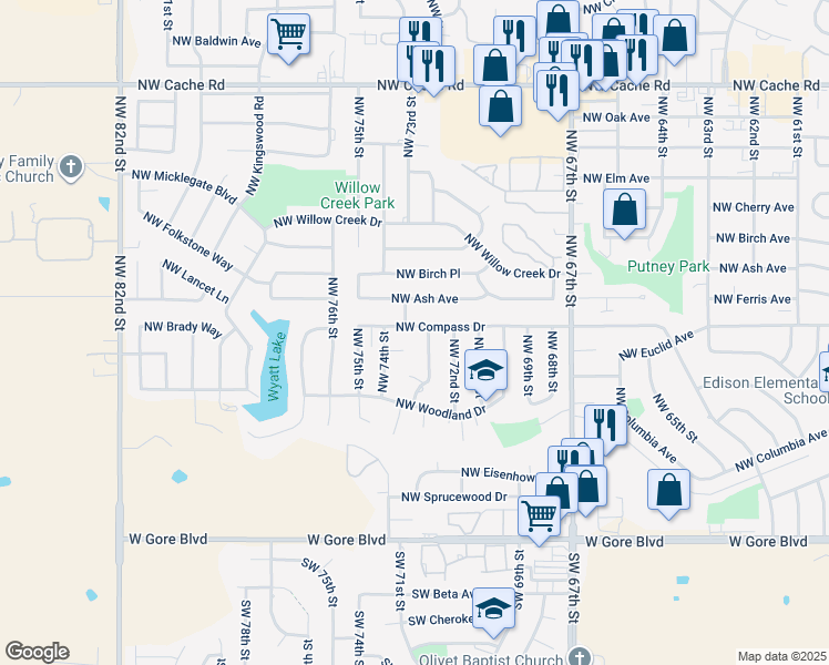 map of restaurants, bars, coffee shops, grocery stores, and more near 7304 Northwest Compass Drive in Lawton