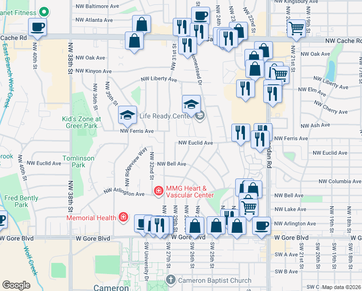 map of restaurants, bars, coffee shops, grocery stores, and more near 3008 Northwest Euclid Avenue in Lawton