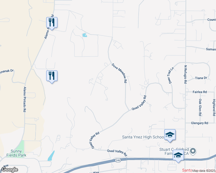 map of restaurants, bars, coffee shops, grocery stores, and more near 2591 Deer Hill Lane in Solvang