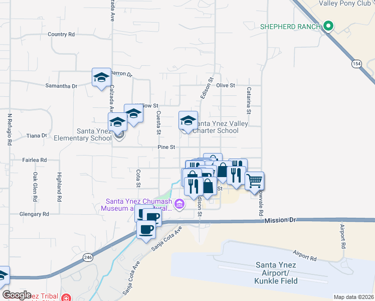 map of restaurants, bars, coffee shops, grocery stores, and more near 3526 Pine Street in Santa Ynez