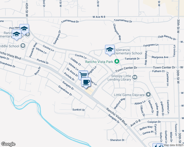 map of restaurants, bars, coffee shops, grocery stores, and more near 3841 Cobble Court in Palmdale