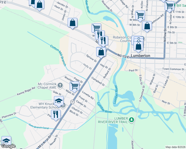map of restaurants, bars, coffee shops, grocery stores, and more near 701 Martin Luther King Junior Drive in Lumberton