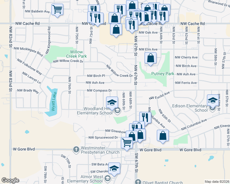 map of restaurants, bars, coffee shops, grocery stores, and more near 7002 Northwest Compass Drive in Lawton