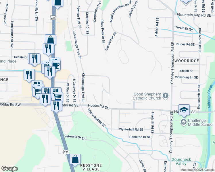 map of restaurants, bars, coffee shops, grocery stores, and more near 550 Farmingdale Road Southeast in Huntsville
