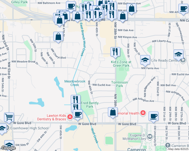 map of restaurants, bars, coffee shops, grocery stores, and more near 511 Northwest 40th Street in Lawton