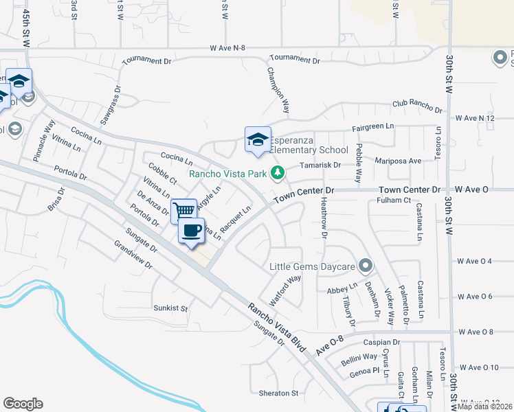 map of restaurants, bars, coffee shops, grocery stores, and more near 40366 Racquet Lane in Palmdale
