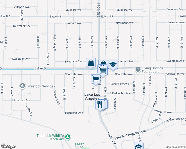 map of restaurants, bars, coffee shops, grocery stores, and more near Coolwater Avenue in Lake Los Angeles