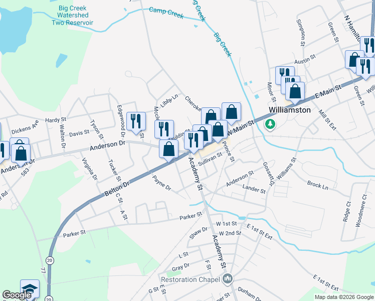 map of restaurants, bars, coffee shops, grocery stores, and more near 102 Belton Drive in Williamston