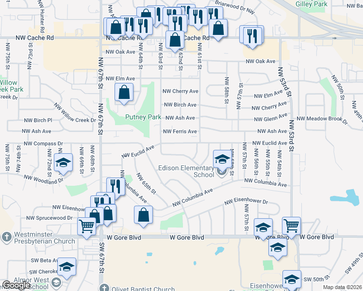 map of restaurants, bars, coffee shops, grocery stores, and more near 6114 Northwest Euclid Avenue in Lawton