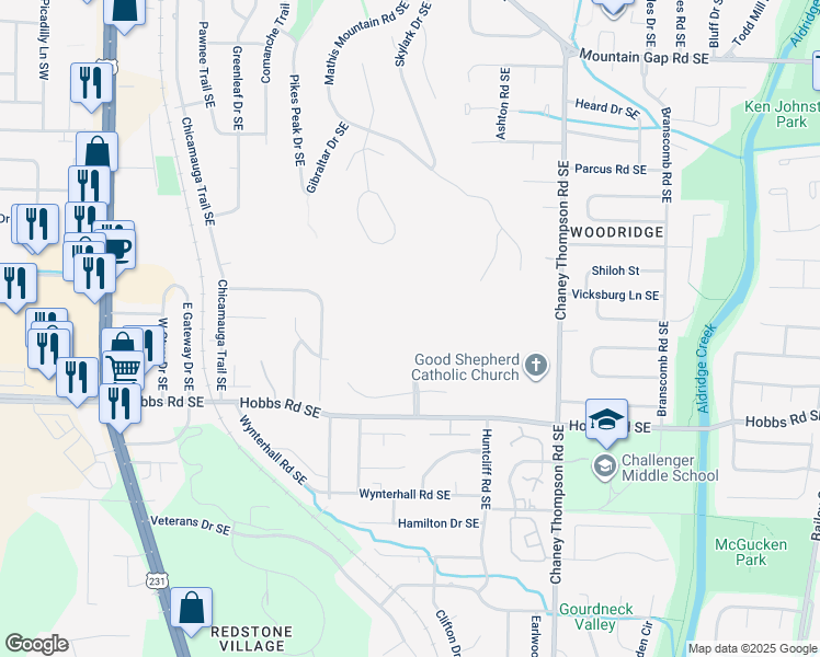 map of restaurants, bars, coffee shops, grocery stores, and more near 4 Pine Avenue Southwest in Huntsville