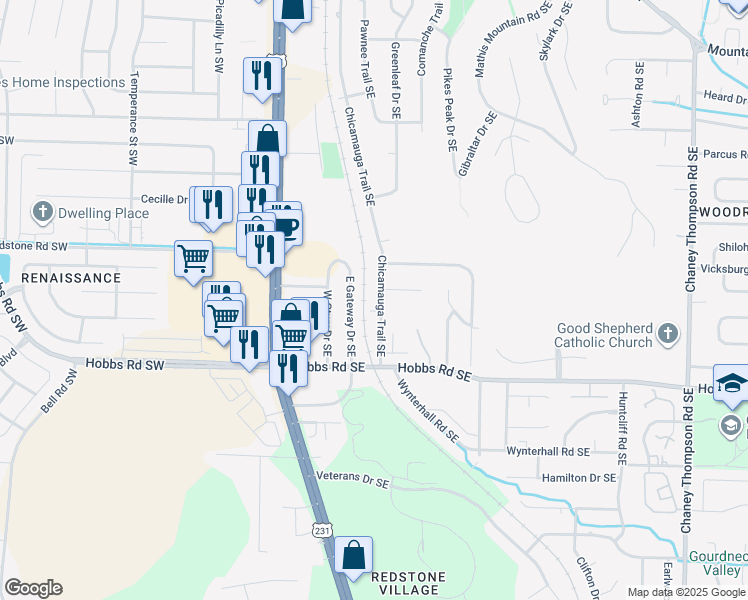 map of restaurants, bars, coffee shops, grocery stores, and more near 11803 East Gateway Drive Southeast in Huntsville