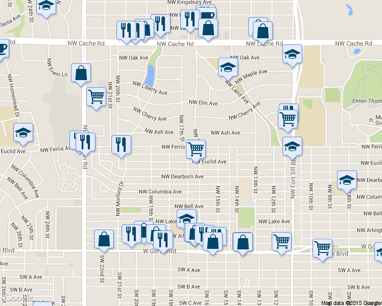 map of restaurants, bars, coffee shops, grocery stores, and more near 607 Northwest 17th Street in Lawton