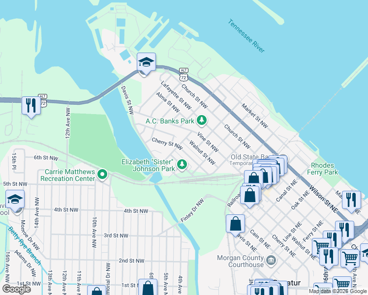 map of restaurants, bars, coffee shops, grocery stores, and more near 507 Cherry Street Northwest in Decatur