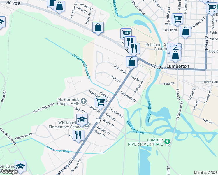map of restaurants, bars, coffee shops, grocery stores, and more near 855 Spruce Street in Lumberton