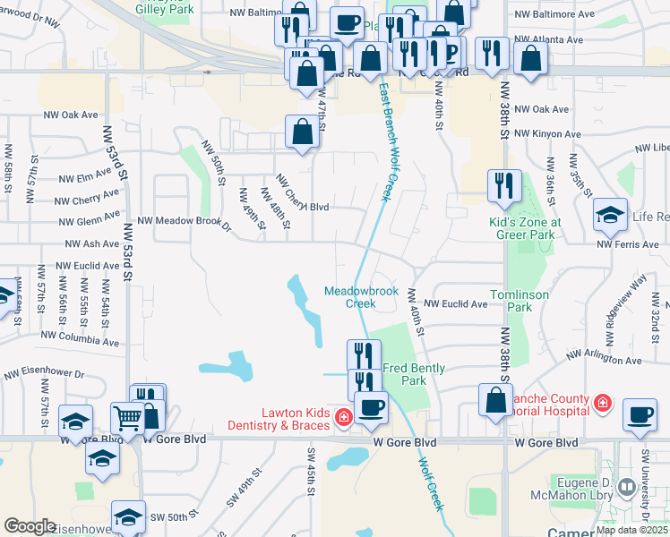 map of restaurants, bars, coffee shops, grocery stores, and more near 726 Northwest 46th Street in Lawton