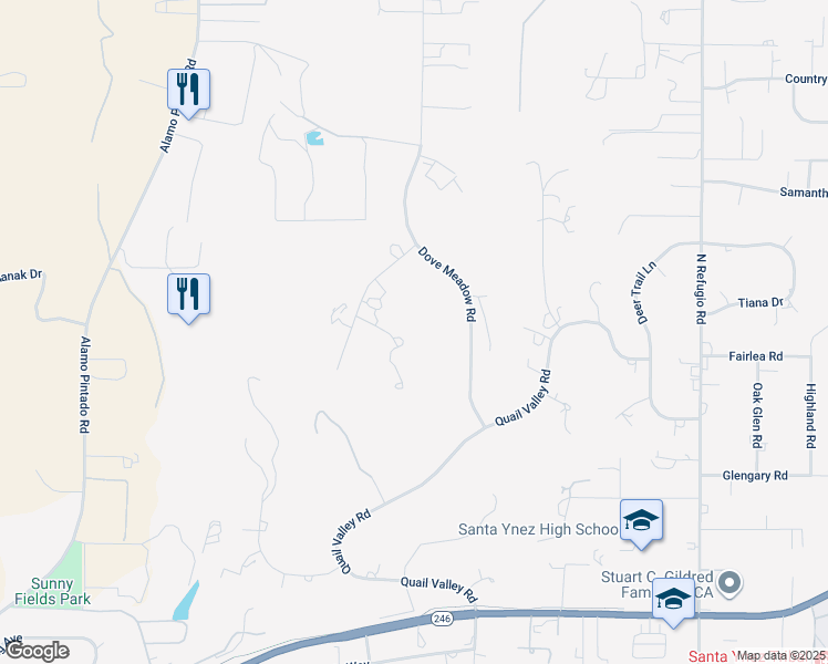 map of restaurants, bars, coffee shops, grocery stores, and more near 2591 Deer Hill Lane in Solvang