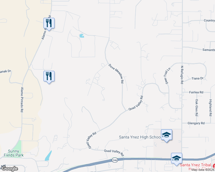 map of restaurants, bars, coffee shops, grocery stores, and more near 2591 Deer Hill Lane in Solvang