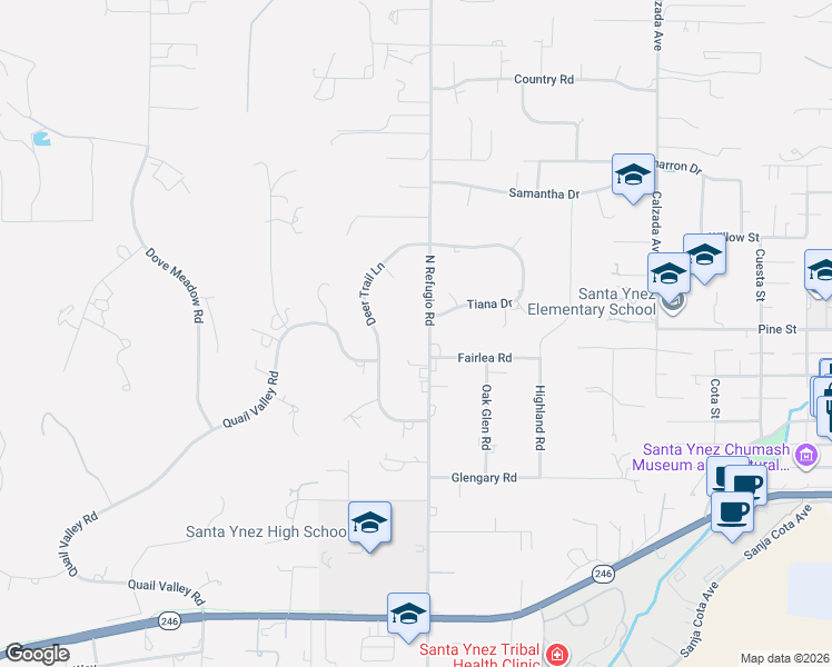 map of restaurants, bars, coffee shops, grocery stores, and more near 1221 North Refugio Road in Santa Ynez