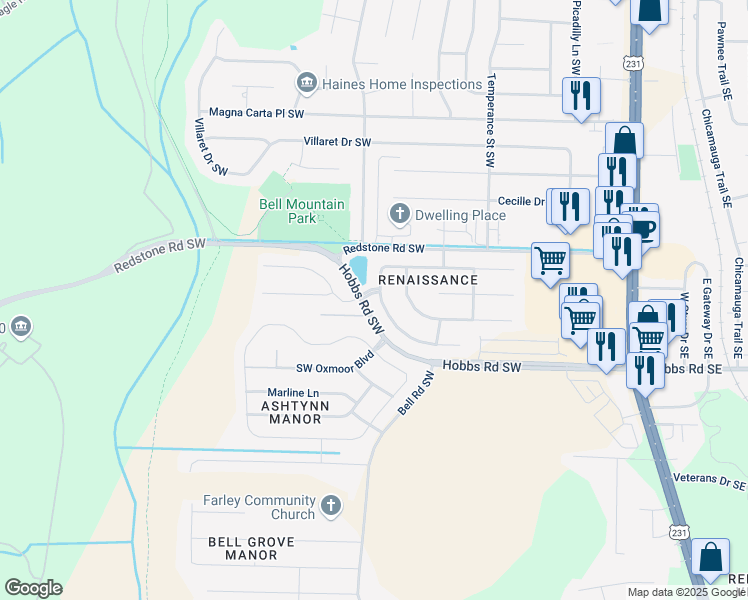map of restaurants, bars, coffee shops, grocery stores, and more near 2231 Towne Park Drive Southwest in Huntsville