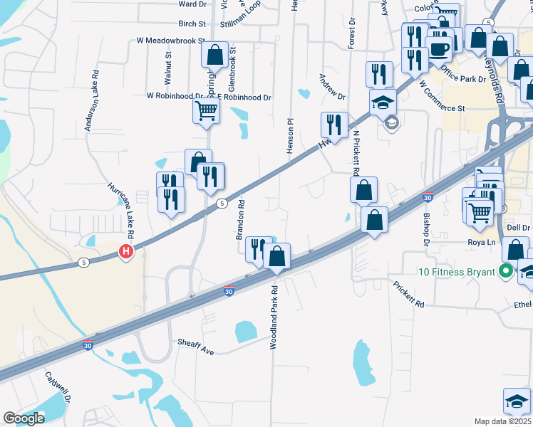 map of restaurants, bars, coffee shops, grocery stores, and more near 2509 Emery Lane in Bryant