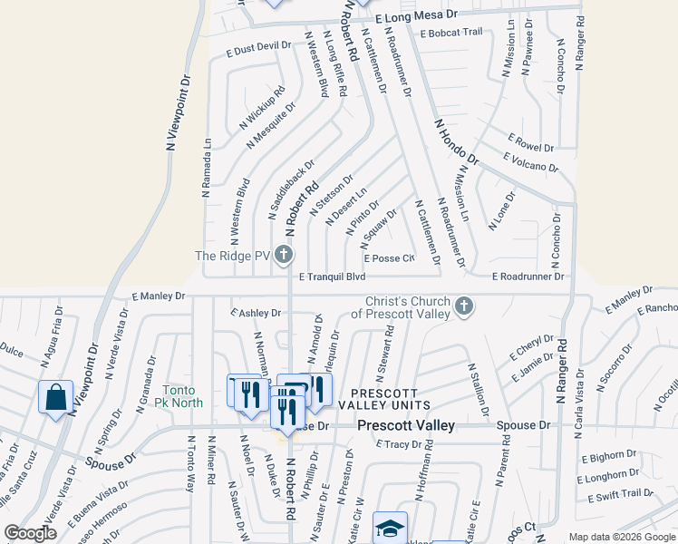 map of restaurants, bars, coffee shops, grocery stores, and more near 5010 North Pinto Drive in Prescott Valley