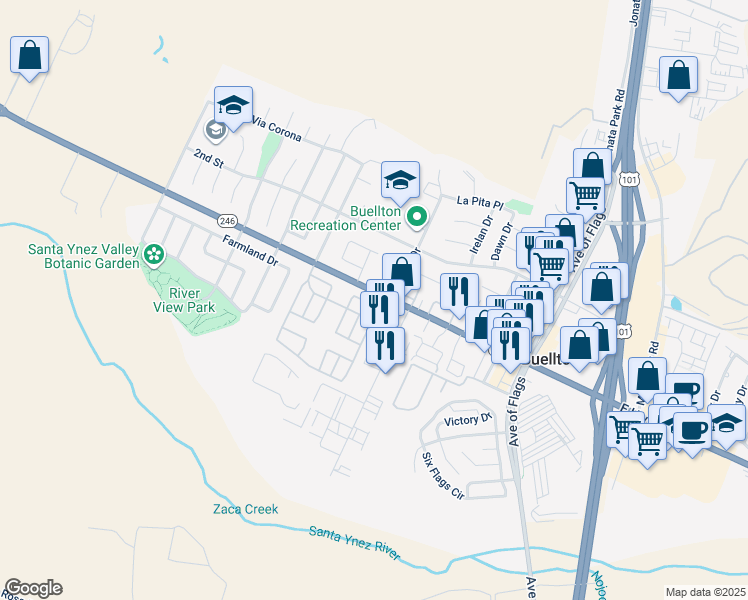 map of restaurants, bars, coffee shops, grocery stores, and more near 330 West Highway 246 in Buellton