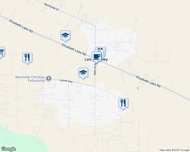 map of restaurants, bars, coffee shops, grocery stores, and more near 40505 90th Street West in Leona Valley