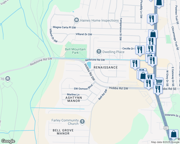 map of restaurants, bars, coffee shops, grocery stores, and more near 2231 Towne Park Drive Southwest in Huntsville