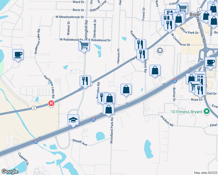 map of restaurants, bars, coffee shops, grocery stores, and more near 2509 Emery Lane in Bryant