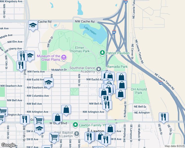 map of restaurants, bars, coffee shops, grocery stores, and more near 306 Northwest Ferris Avenue in Lawton