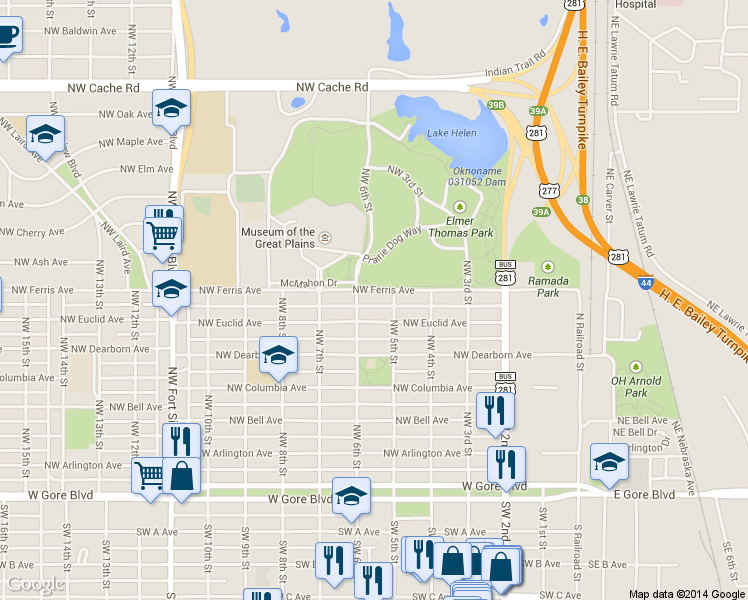 map of restaurants, bars, coffee shops, grocery stores, and more near 508 Northwest 5th Street in Lawton