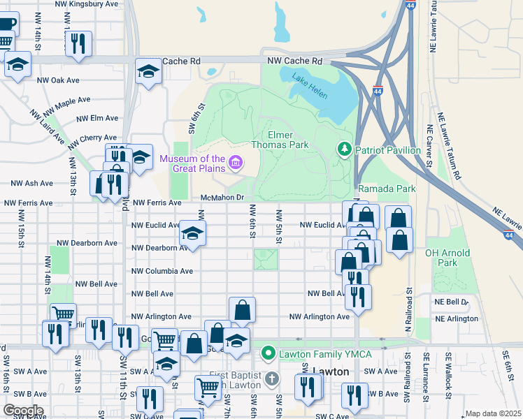 map of restaurants, bars, coffee shops, grocery stores, and more near 510 Northwest 6th Street in Lawton