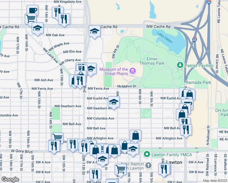 map of restaurants, bars, coffee shops, grocery stores, and more near 507 Northwest 8th Street in Lawton