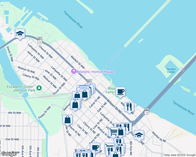 map of restaurants, bars, coffee shops, grocery stores, and more near 7 Harborview Court Northeast in Decatur