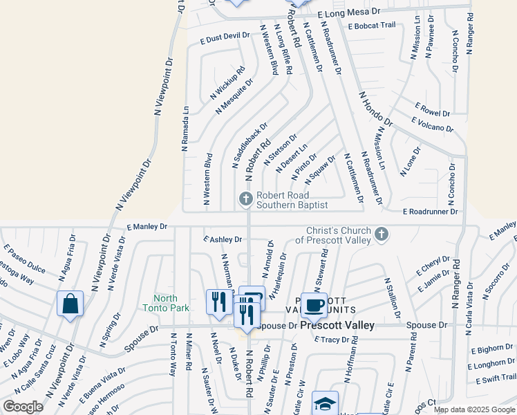 map of restaurants, bars, coffee shops, grocery stores, and more near 5010 North Stetson Drive in Prescott Valley