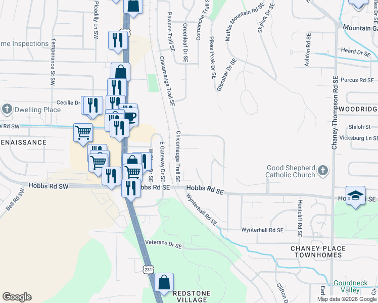 map of restaurants, bars, coffee shops, grocery stores, and more near 425 Stoney Branch Drive Southeast in Huntsville