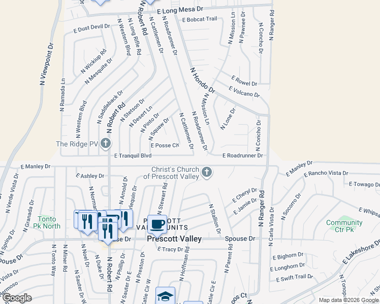 map of restaurants, bars, coffee shops, grocery stores, and more near 5020 North Cattlemen Drive in Prescott Valley