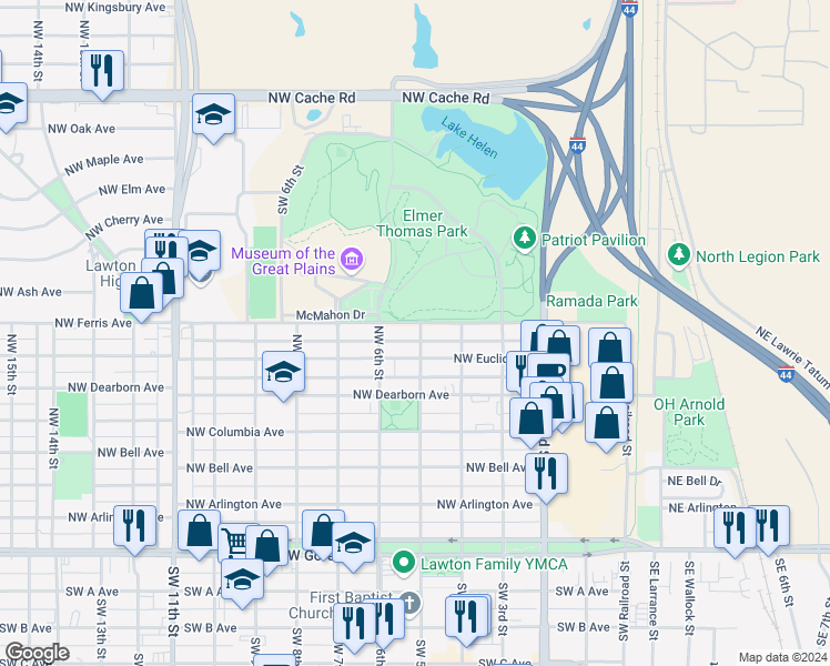 map of restaurants, bars, coffee shops, grocery stores, and more near 508 Northwest 5th Street in Lawton